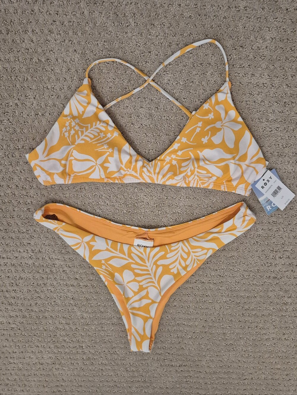 Roxy Two Piece Orange And White Tropical Floral Design Bikini Set Large NWT